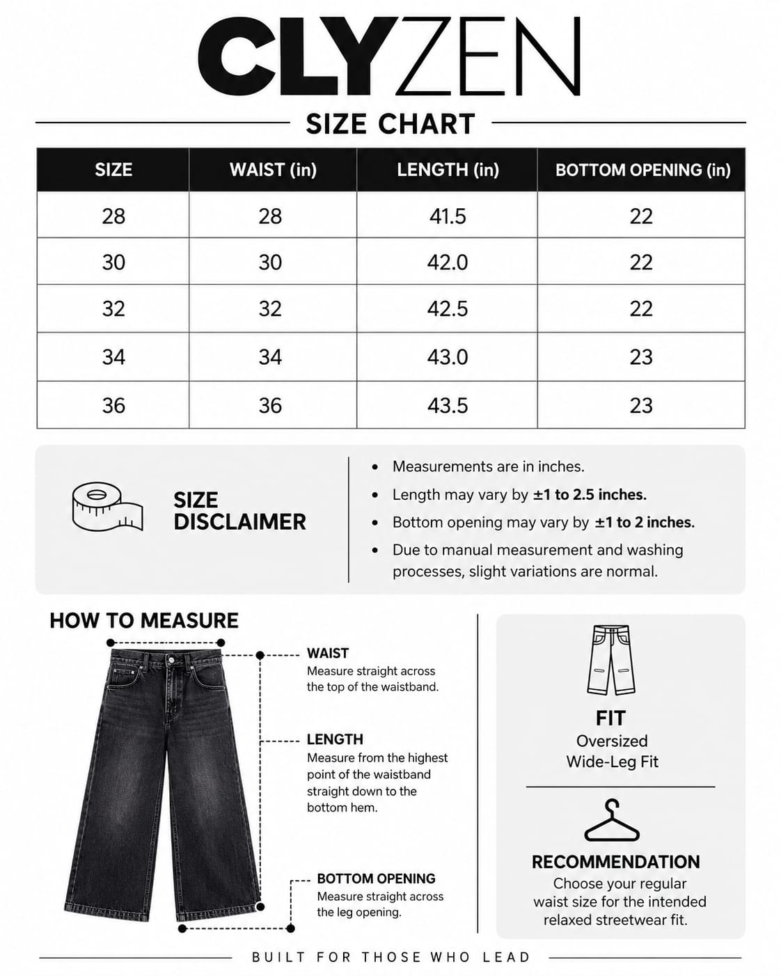 BLACK WIDE LEG CARGO size chart
